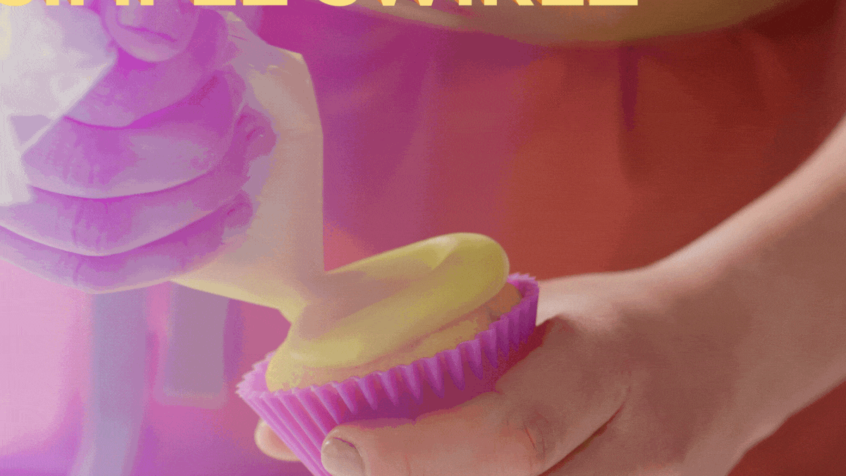 Holding a cupcake while swirling frosting from a piping bag on top with text SIMPLE SWIRLZ